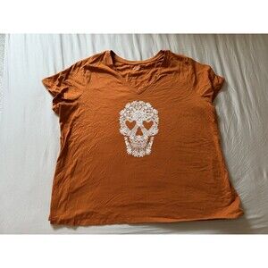 Lane Bryant Skull Lace Floral Graphic V-Neck Tee 26/28 4X Rust